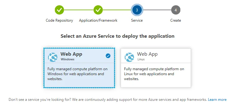 Devops Project Wizard Azure service step